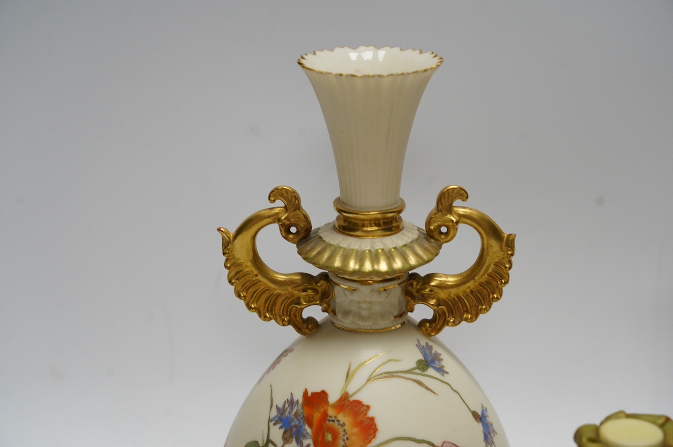 Four Worcester blush ivory floral pots and vases, 1176, 2538, 1728 & 1327, largest 22cm high. Condition - fair to good